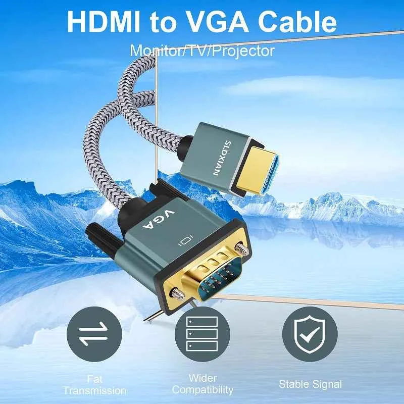 HDMI to VGA Cable – Aluminium Alloy Shell, Nylon Braided, Gold-Plated for Computers, Laptops & Projectors