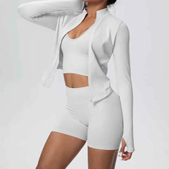 Women's 3-Piece Seamless Yoga Suit | Shockproof Bra Crop Top & Long Sleeve Gym Legging Set