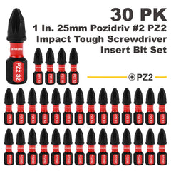 1" Pozidriv #2 PZ2 Impact Screwdriver Bit Set – Magnetic S2 Alloy Steel Power Bits (30–49 Pieces)