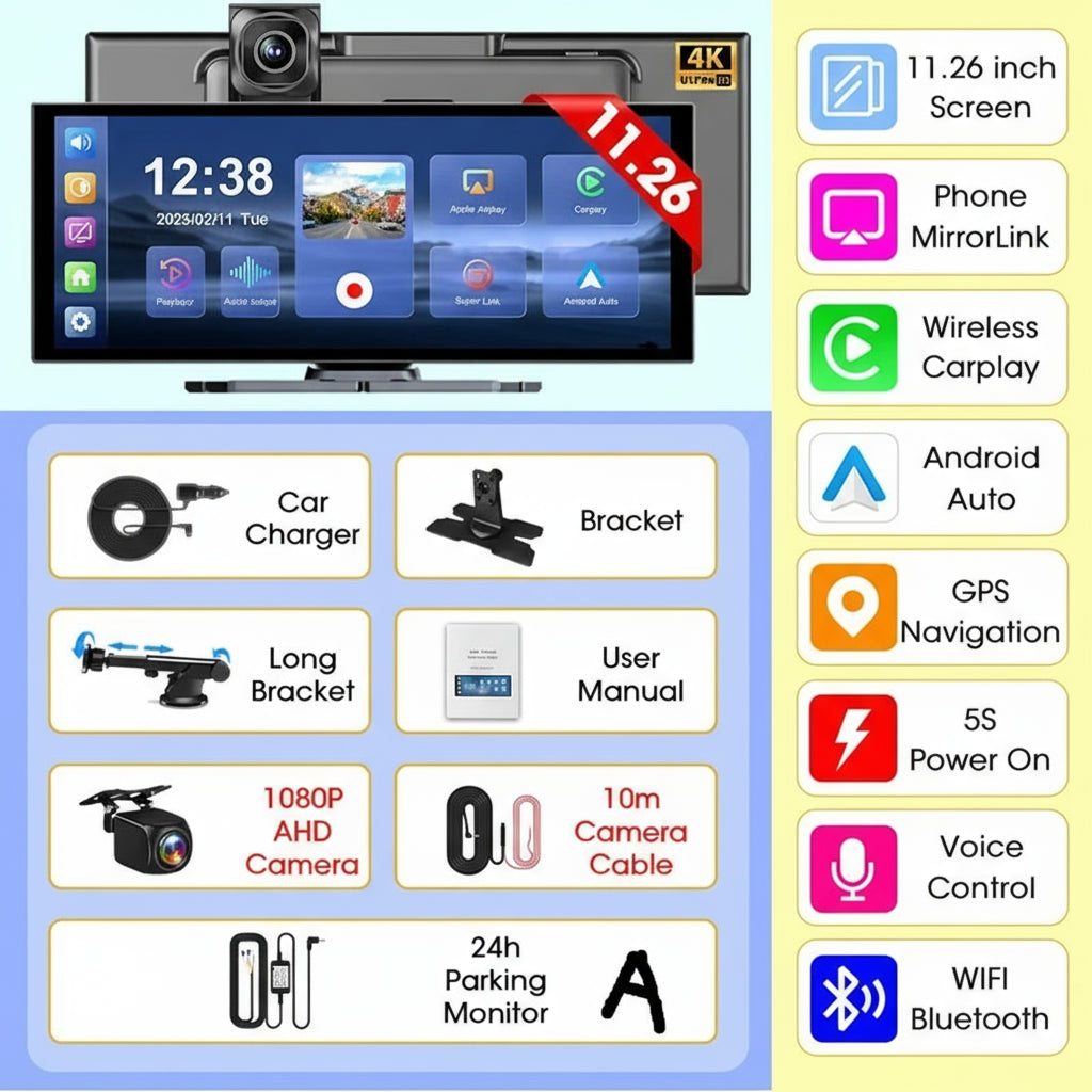 11.26" 4K Car DVR – Portable Dash Cam with Wireless CarPlay, Android Auto & 5G WiFi Navigation by Snagg A Car DVR
