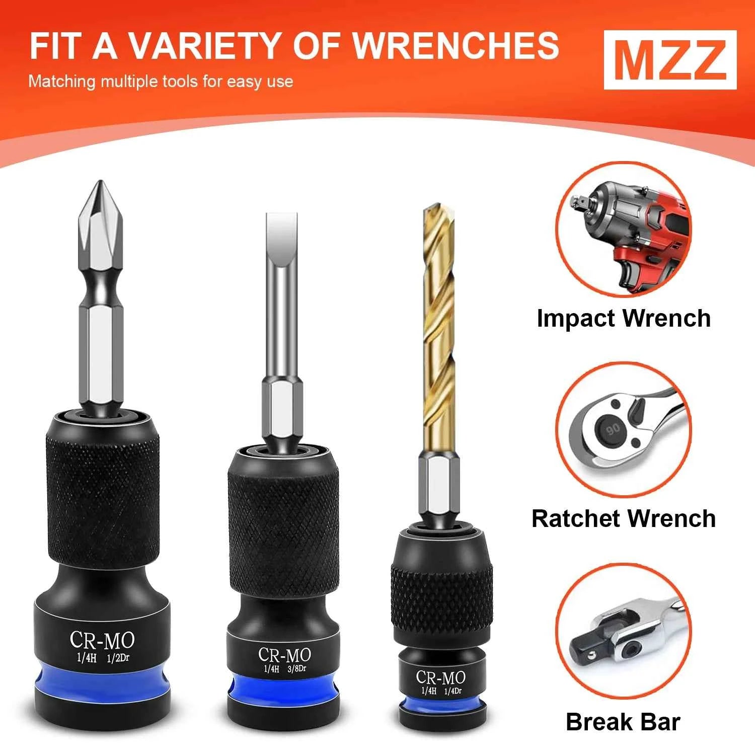 3pcs Impact Hex Converter for Screwdriver Bit 1/2 3/8 1/4-Inch Square Drive to 1/4-Inch Quick Release