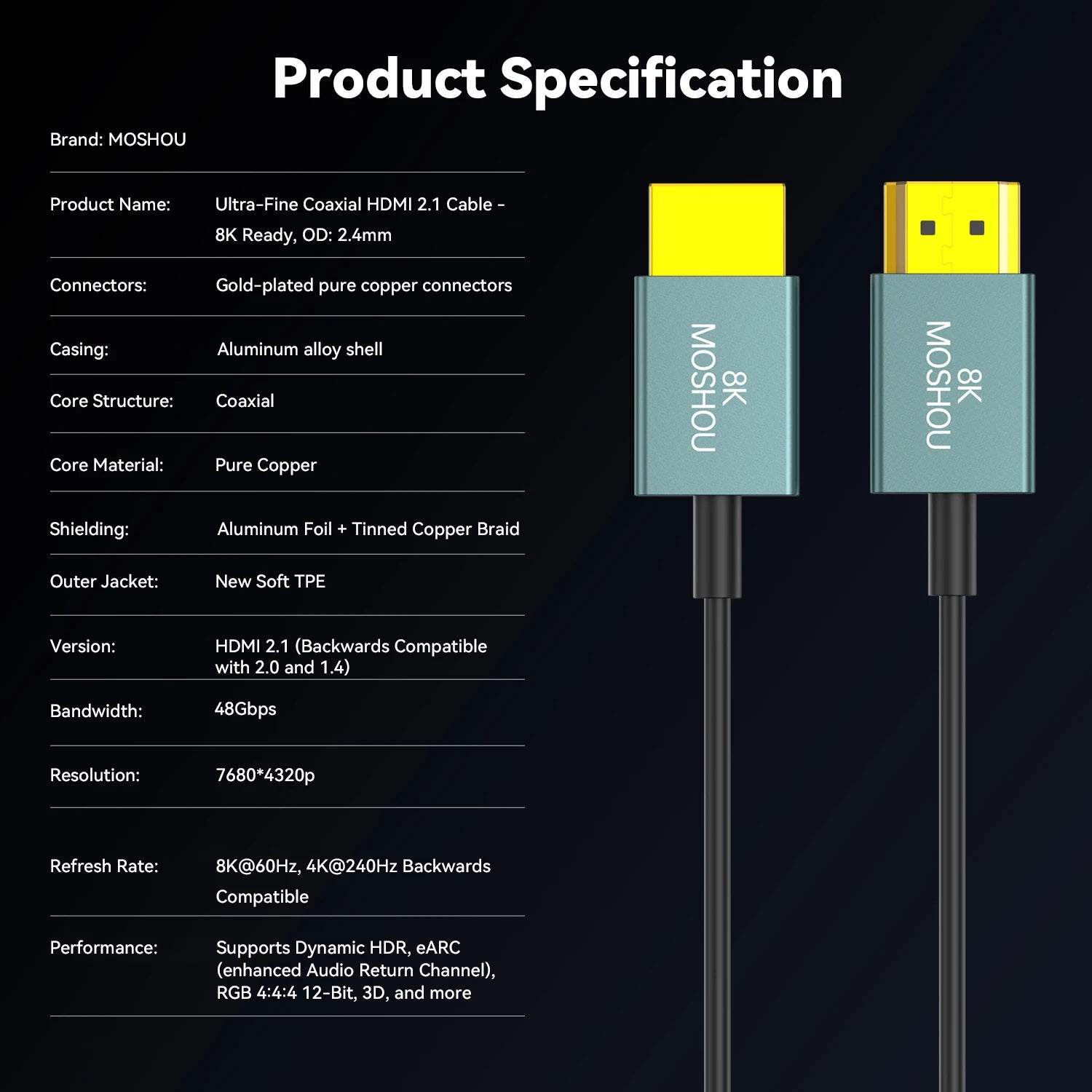 Ultra Thin 90-Degree HDMI 2.1 Cable 8K@60Hz / 4K@120Hz – Flexible Slim 2.4mm Cord for TV, HDTV & PS5