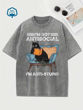 Women's Vintage Black Cat Reading T-Shirt | Distressed Washed 100% Cotton Crew Neck Plus Size Unisex