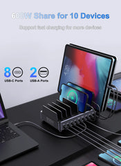 600W GaN 10-Port PD3.1 Charging Station Stand | Multi USB Fast Charger MacBook iPhone iPad Samsung Laptop