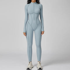 Women's Long Sleeve Yoga Bodysuit | Zipper One-Piece Gym Jumpsuit High-Intensity Fitness Tights