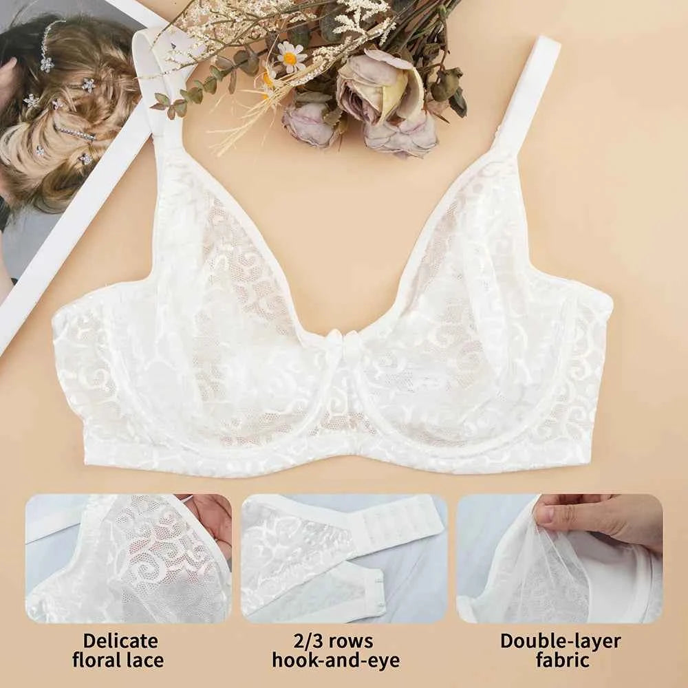 Plus Size Plunge Minimizer Bra | Floral Lace Mesh Underwire Full Coverage Big Bust