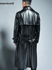 Long Waterproof Black PU Leather Trench Coat by Snagg A Coat