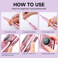 Professional 45,000 RPM Ultra Quiet Cordless Nail Drill – High-Torque 4500mAh Rechargeable Manicure Station