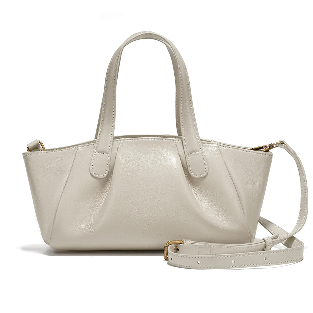 Ruched Genuine Leather Small Satchel