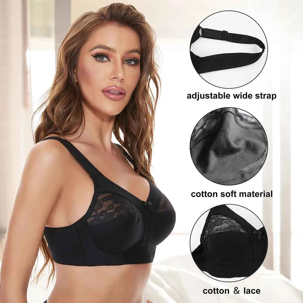 Plus Size Wire-Free Cotton Bra | Floral Lace Full Coverage Unpadded Ultra-Thin Soft