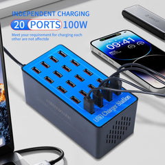 100W GaN 20-Port USB-C Multi-Device Charging Station | Phone Watch Tablet Pad A5+