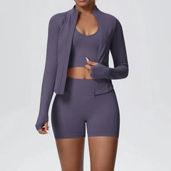 Women's 3-Piece Seamless Yoga Suit | Shockproof Bra Crop Top & Long Sleeve Gym Legging Set
