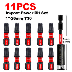 1" Impact Tough Magnetic T30 Torx Power Bits – S2 Alloy Steel, Star Screwdriver Bit Set