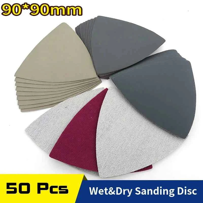 50pcs Silicon Carbide Triangle Sanding Discs 90mm | Wet/Dry Hook & Loop 60–10000 Grit Detail Sander