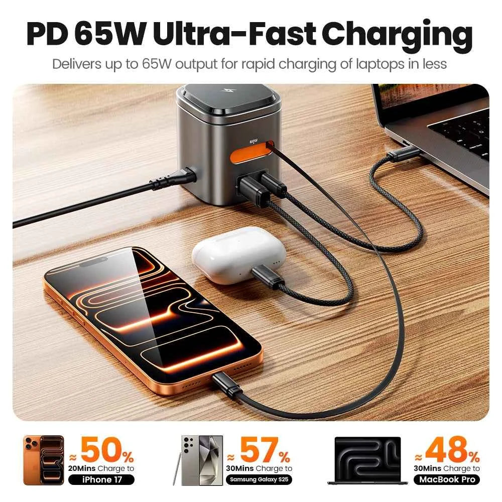 80W 6-in-1 GaN Charging Station | MagSafe 15W + PD 65W + Retractable 60W Cable Wireless Charger MacBook iPhone