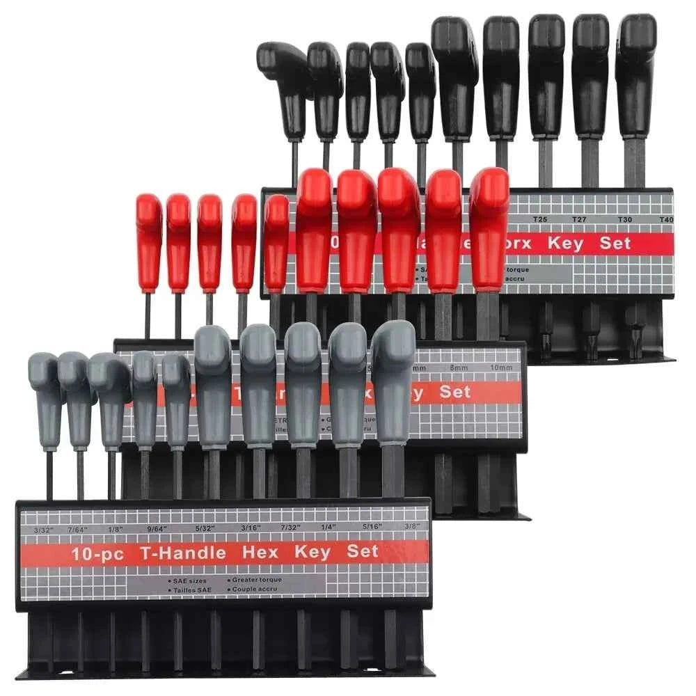 10 Pcs Professional T-Handle Hex Key Set | Metric or SAE Master Allen Wrench Kit with Wall-Mount Storage Stand