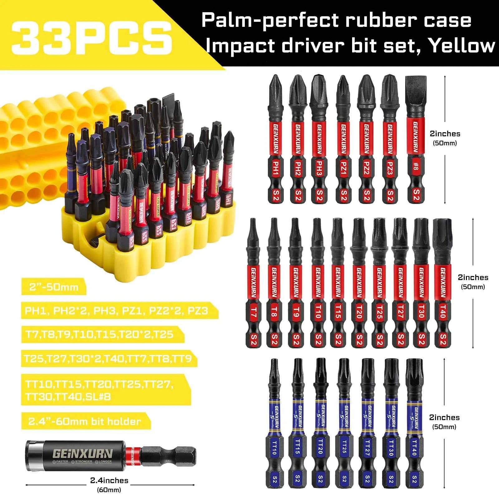 33 Pcs Professional Impact Screwdriver Bit Set | S2 Steel Magnetic Bits with 2.4" Holder & Flexible Storage Base