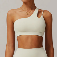 Women's Oblique Shoulder Yoga Bra | Hollow-Out Back Push-Up Gym Running Fitness Vest Workout Top