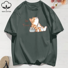 “Too Tired Cat” 100% Cotton Tee, Soft Relaxed Fit Streetwear Graphic Shirt