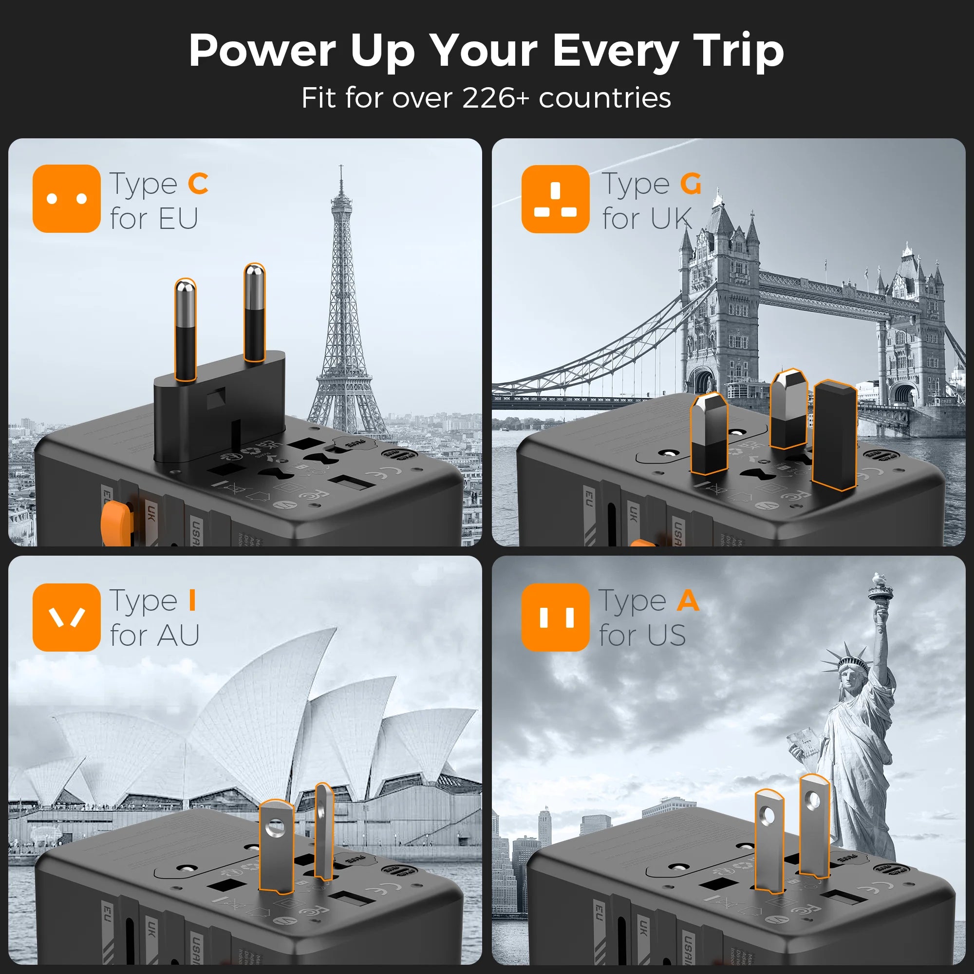 65W GaN Universal Travel Adapter with USB Type C by Snagg A Travel Adapter