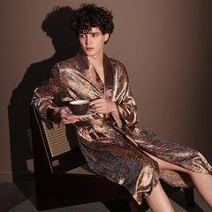 Men's Ice Silk Printed Bathrobe | Thin Summer Nightrobe Large Size Loungewear