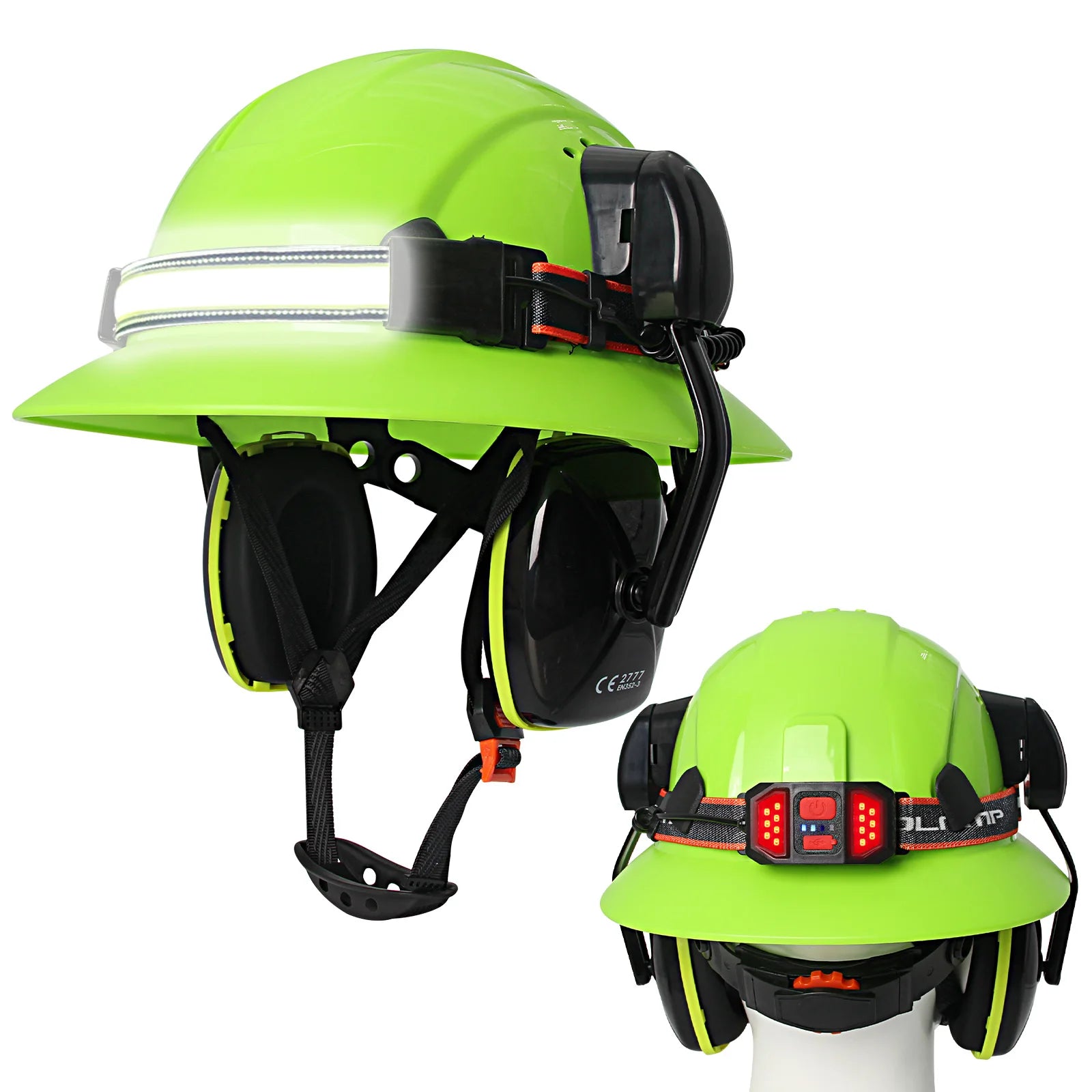 Full brim construction safety helmet with earmuffs and head lamp – image 12
