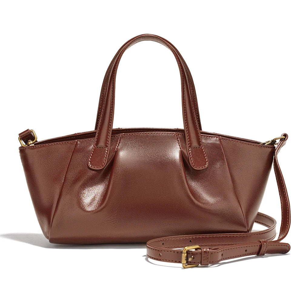 Ruched Genuine Leather Small Satchel