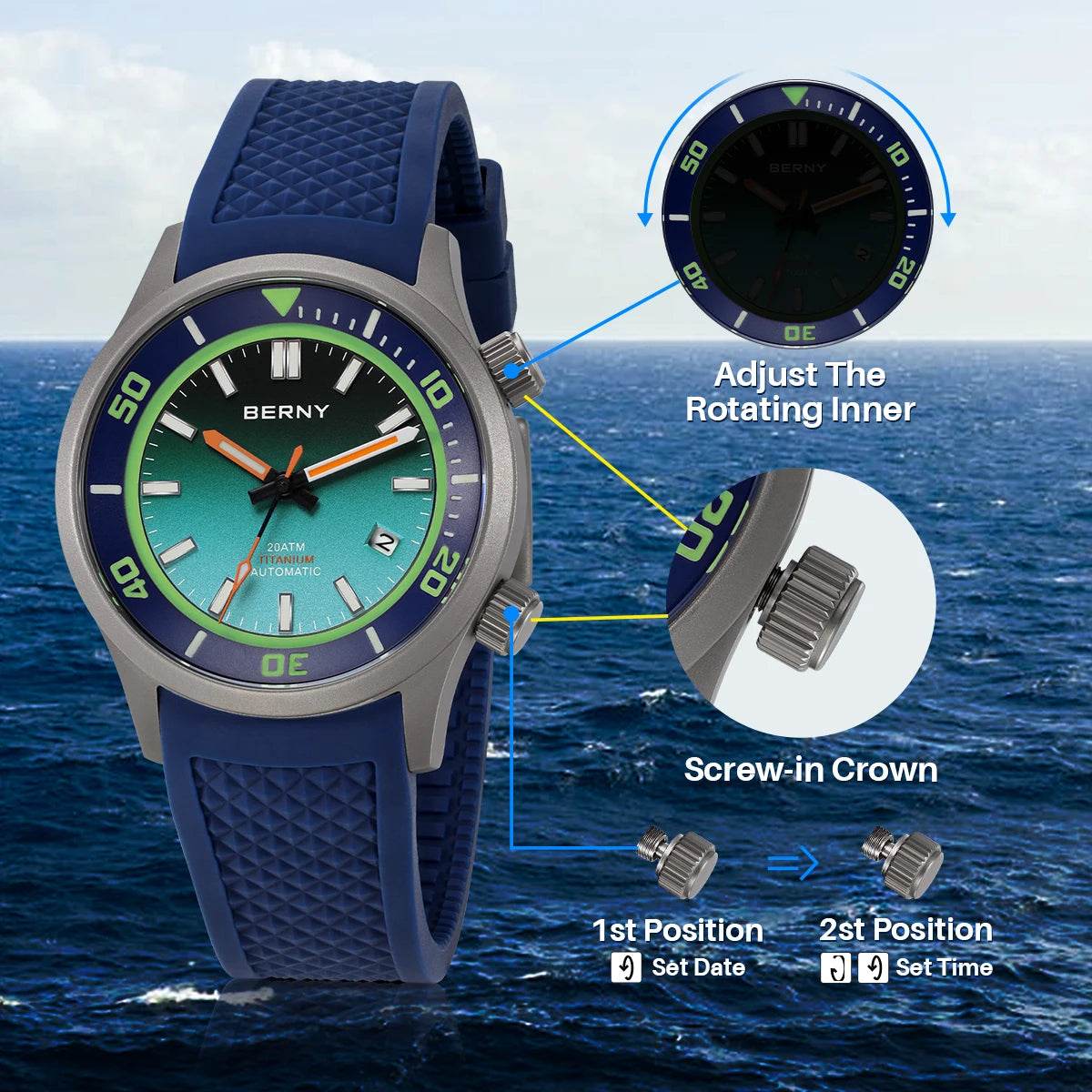 BERNY Titanium Diver’s Watch – Miyota 8215 | 200M (Titanium Strap) - SnaggIt