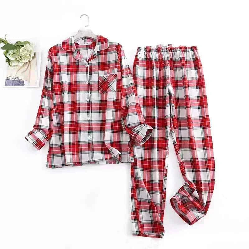 Women's Cotton Flannel Pajama Set | Plaid Long Sleeve Long Pants Loose Autumn Winter Sleepwear
