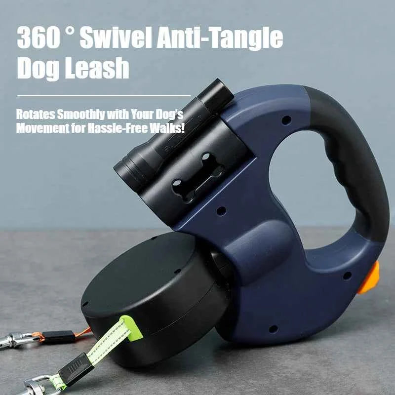 2-in-1 Retractable Dual Dog Leash – Reflective Lead with Built-In Flashlight & Anti-Tangle Clip