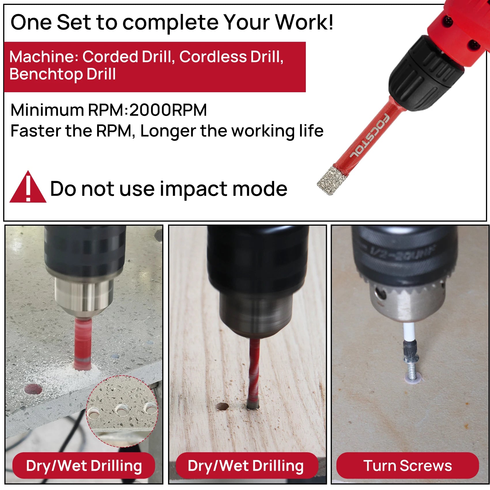Quick-Connect Dry Drill Core Bit Set | Economy Phillips Spiral Carbide Bit for Tile Marble Granite