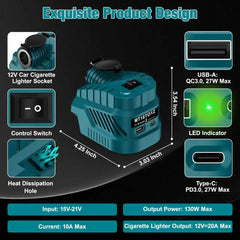 Industrial 240W Step Down Converter | 12V DC Vehicle Refrigerator Power Supply & USB Hub Compatible With Makita 18V Battery