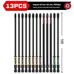 13 Pcs Professional Impact Phillips Screwdriver Bit Set | 6 Inch Extra Long S2 Steel Bits with Color Coded Organizer