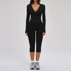 Women's 2-Piece Deep V Yoga Set | High Waist Flared Pants & Sports Bra Gym Fitness Tracksuit