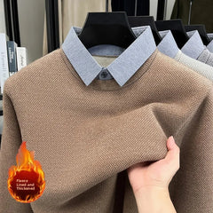 Men’s "Fake Two-Piece" Thermal Pullover | Winter Thickened Fleece-Lined Top