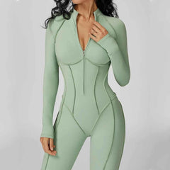 Women's Long Sleeve Yoga Bodysuit | Zipper One-Piece Gym Jumpsuit High-Intensity Fitness Tights