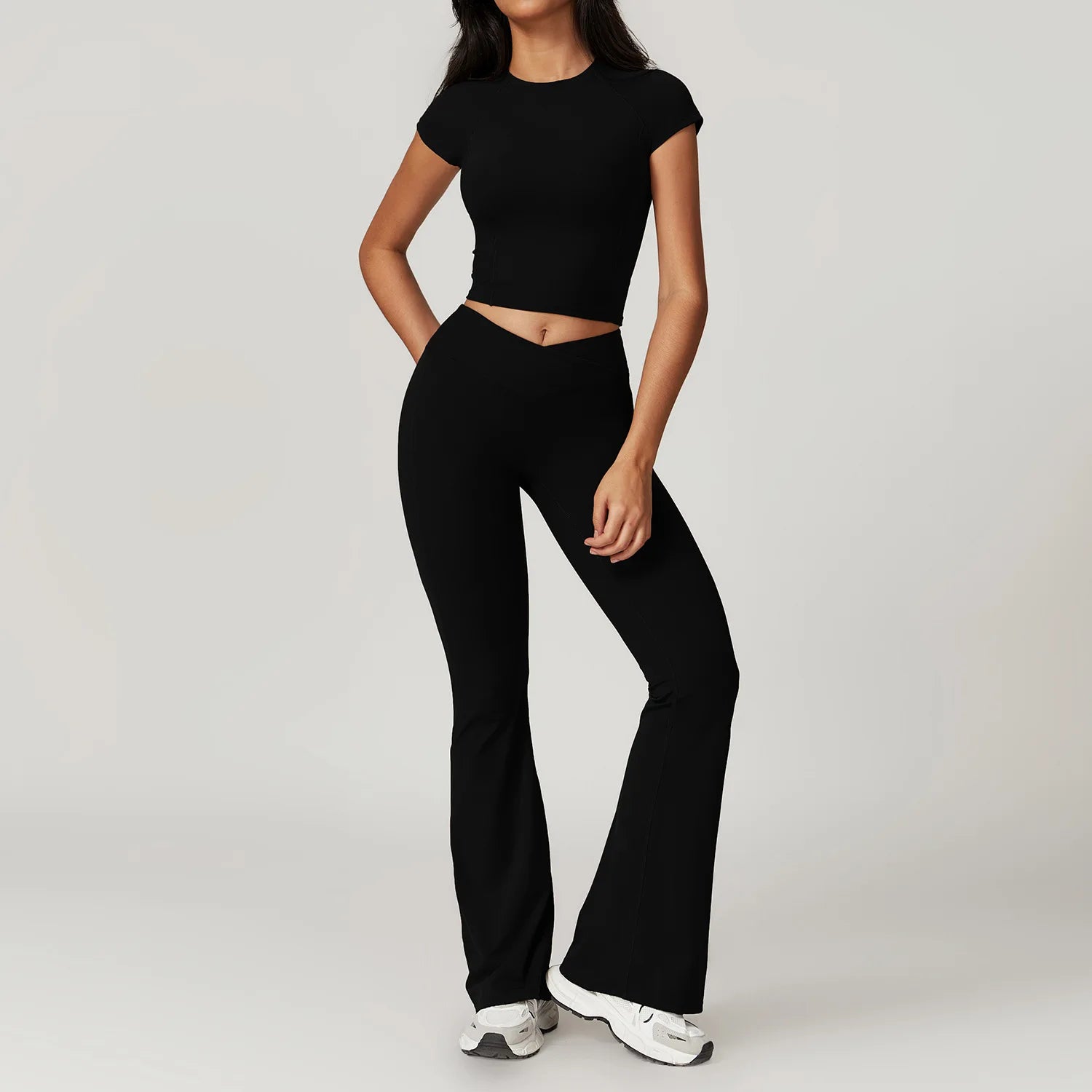 Women's 2-Piece Short Sleeve Yoga Set | Crop Top & High Waist Leggings Gym Workout Sportswear