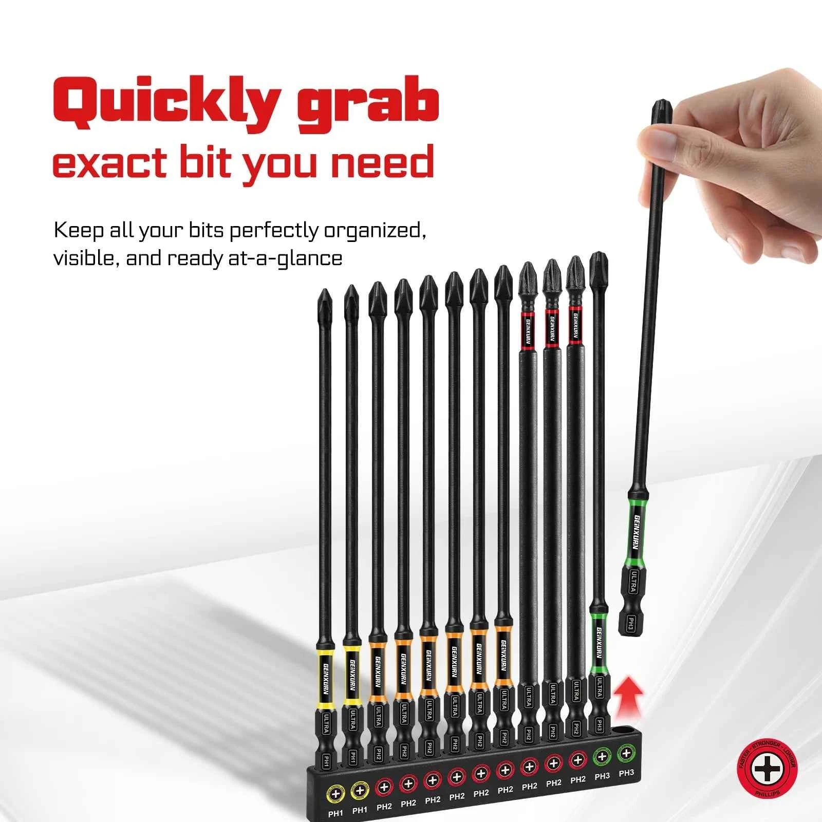 13 Pcs Professional Impact Phillips Screwdriver Bit Set | 6 Inch Extra Long S2 Steel Bits with Color Coded Organizer
