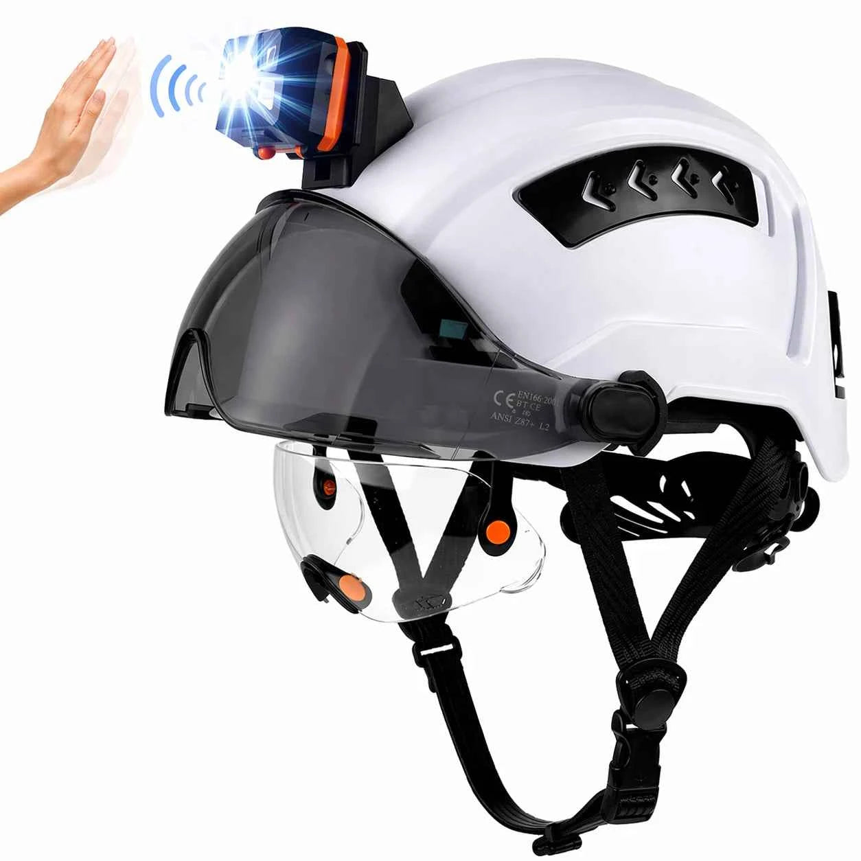 Construction safety helmet with LED headlamp and double visors – image 1