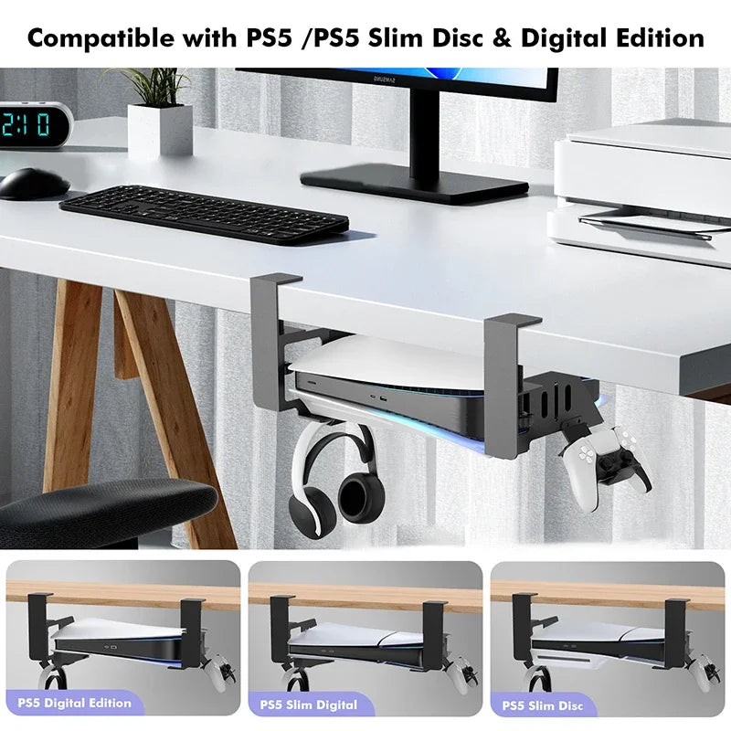 Under Desk PS5 Mount Stand with Game Controller and Headphone Organizer Bracket by Snagg A PS Stand
