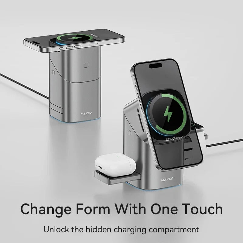 Qi2 Auto-rotate Touch Magnetic 3 in 1 Wireless Charger for IPhone Phones, Watch & AirPods by Snagg A Charging Station