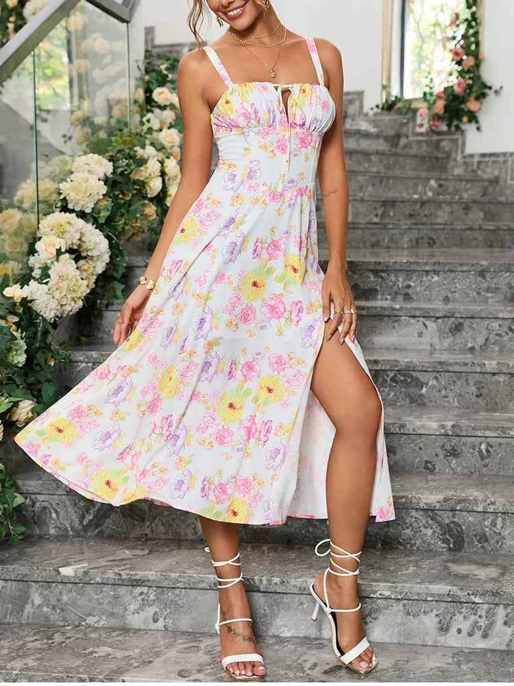 Floral Boned Tie-Up Midi Dress – Women's Adjustable Strap Split Zip Party & Beach Dress