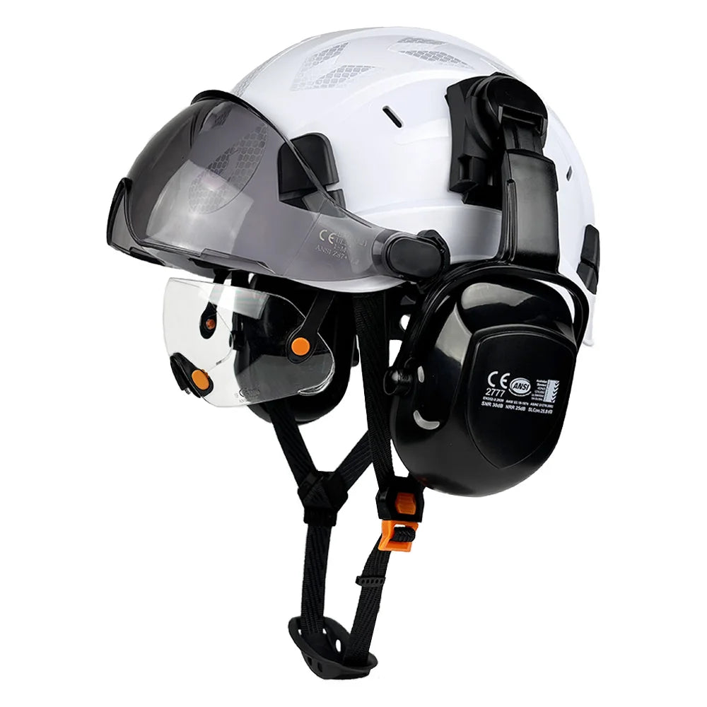 Vented construction safety helmet with twin visors, earmuffs and reflective stickers – image 16