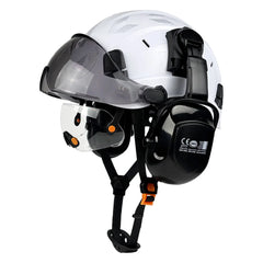 Vented construction safety helmet with twin visors, earmuffs and reflective stickers – image 16
