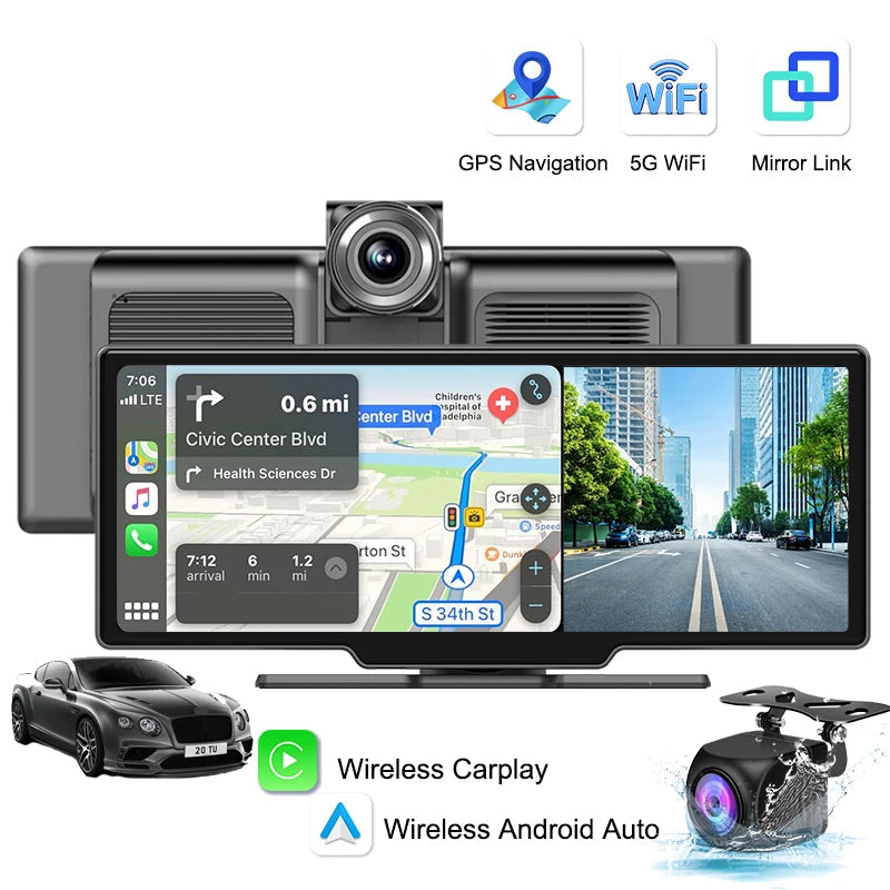 10.26" 4K Dash Cam And Rearview Mirror Car Video Player with Wireless CarPlay by Snagg A Car DVR
