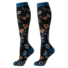 6 Pack Compression Socks — Floral & Butterfly Design, Knee-High Support for Sports & Nurses