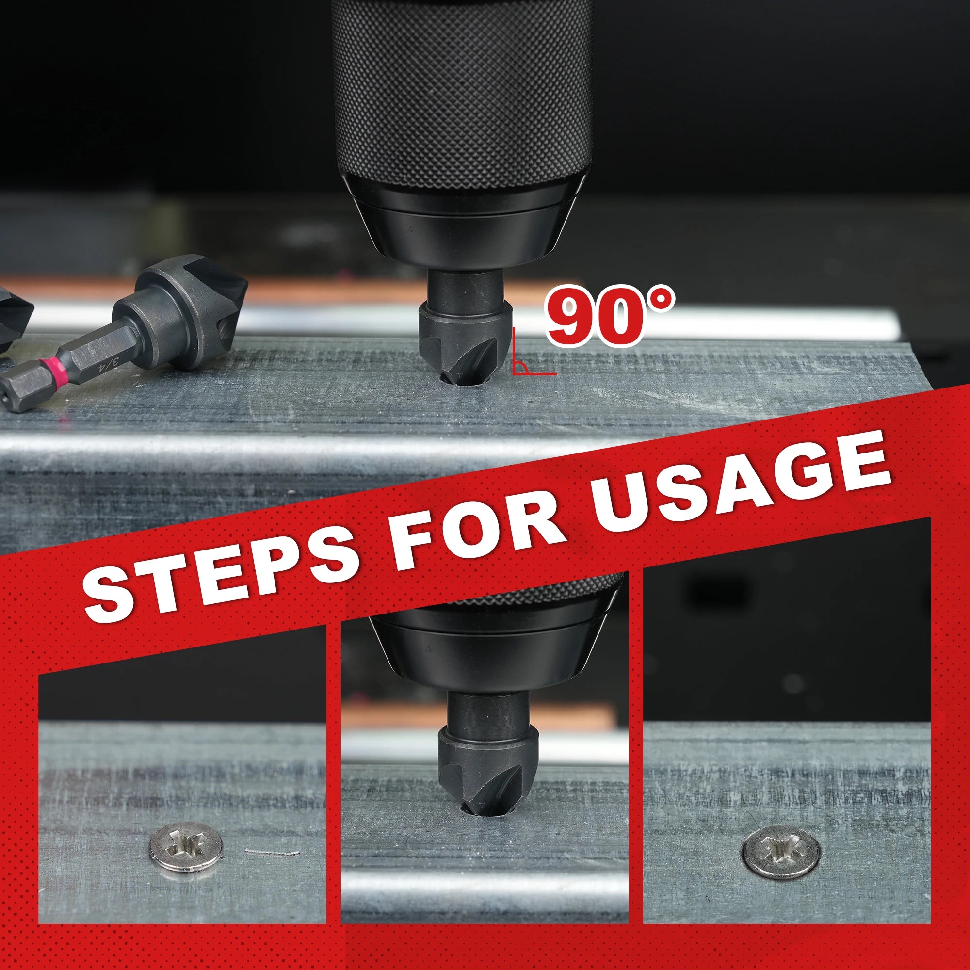 5pcs Countersink Drill Bit Set for Metal | 82° 5-Flute 1/4" Hex Shank 1/4"–3/4" Black Oxide HSS