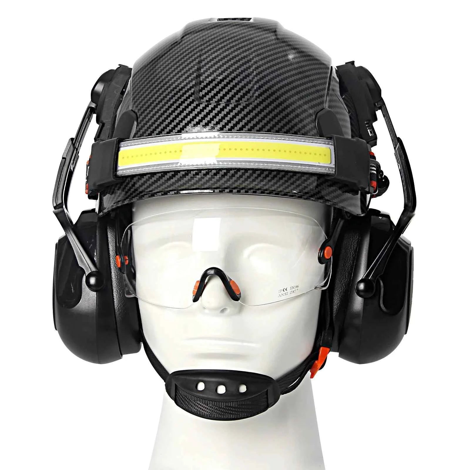 Construction safety helmet with built-in goggles, LED headlamp and earmuffs – image 2