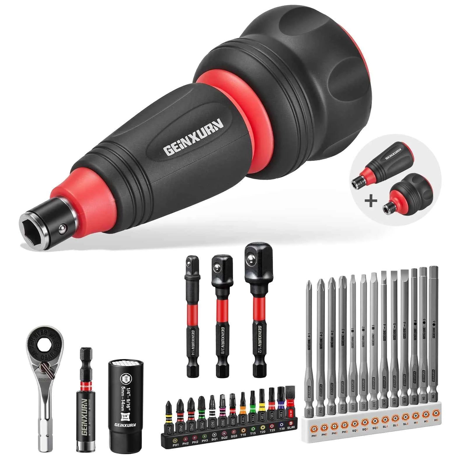 Impact Magnetic Screwdriver Set | Stubby 2-in-1 Ratchet Handle Dual-End Socket Wrench Bits Nut Driver