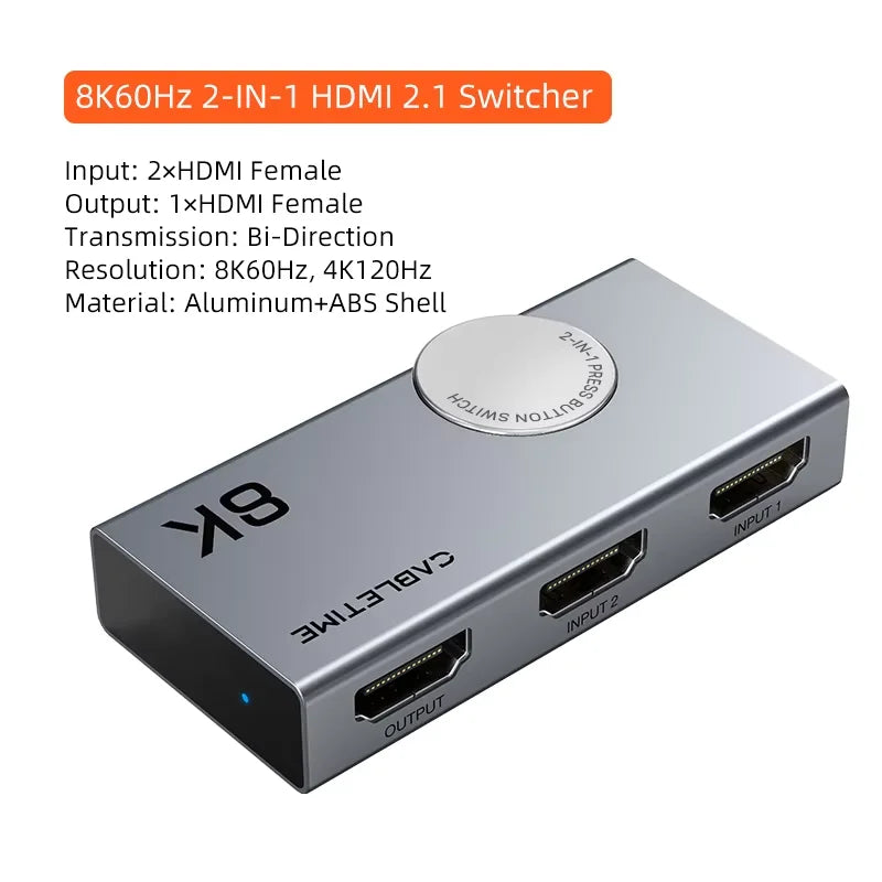 HDMI Switch / Splitter 8K@60Hz / 4K@120Hz 2-in-1 – Aluminum Knob 3D Vision Adapter for Laptop, MacBook & Lenovo